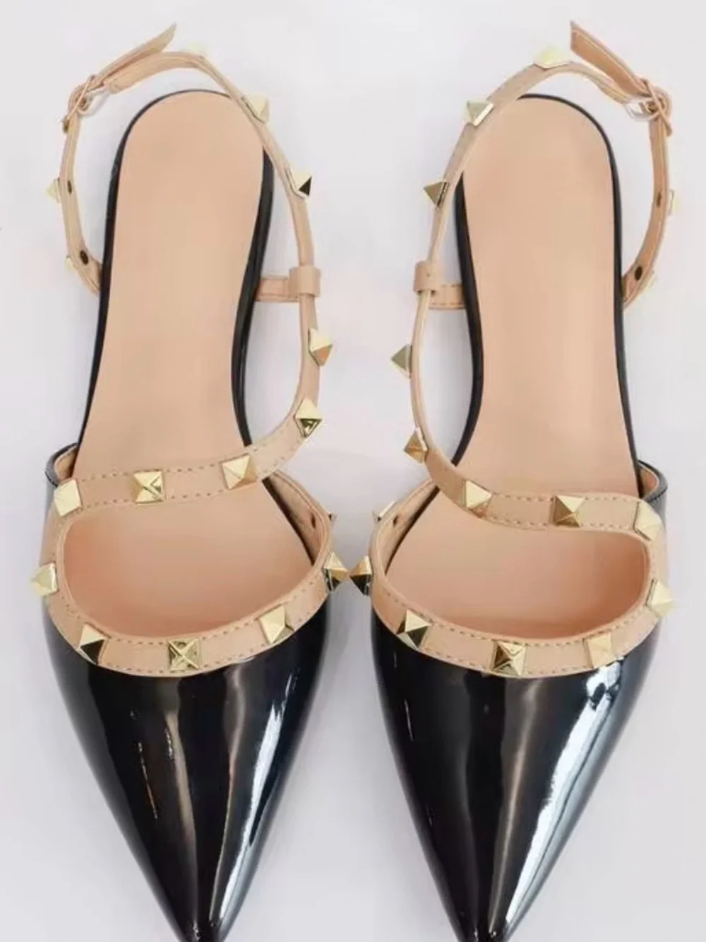 Studded Pointed-Toe Slingback Flats in Black and Nude